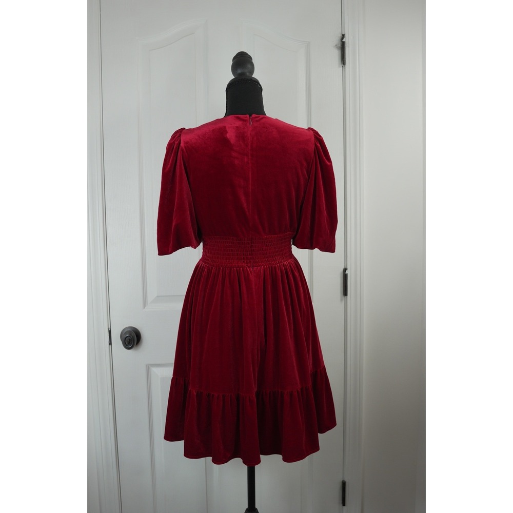 Antonio Melani‎ Red Velvet V-Neck Smocked Waist Ruffle Mini Dress Size 2 Holiday - Picture 5 of 15